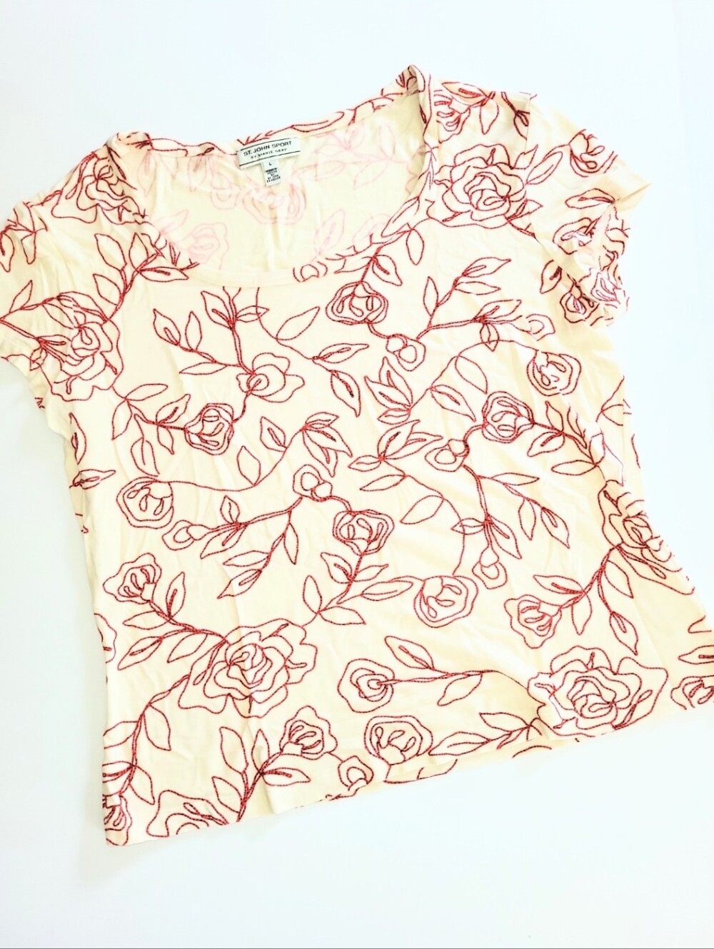 St. John Sport Vintage Tshirt Rose Floral Embroidered Cream Top Large